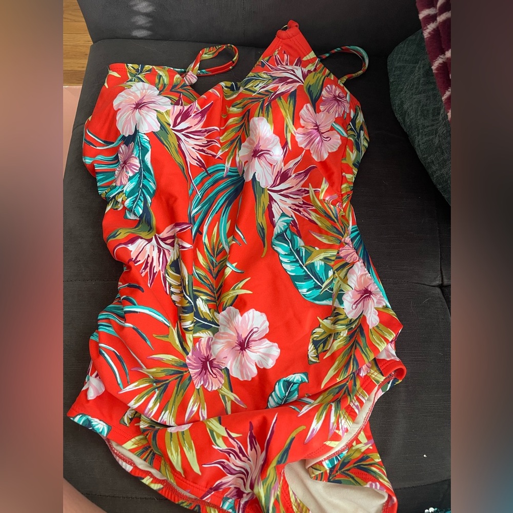 Bright Orange (almost red) Tropical Swimsuit from Target size Medium